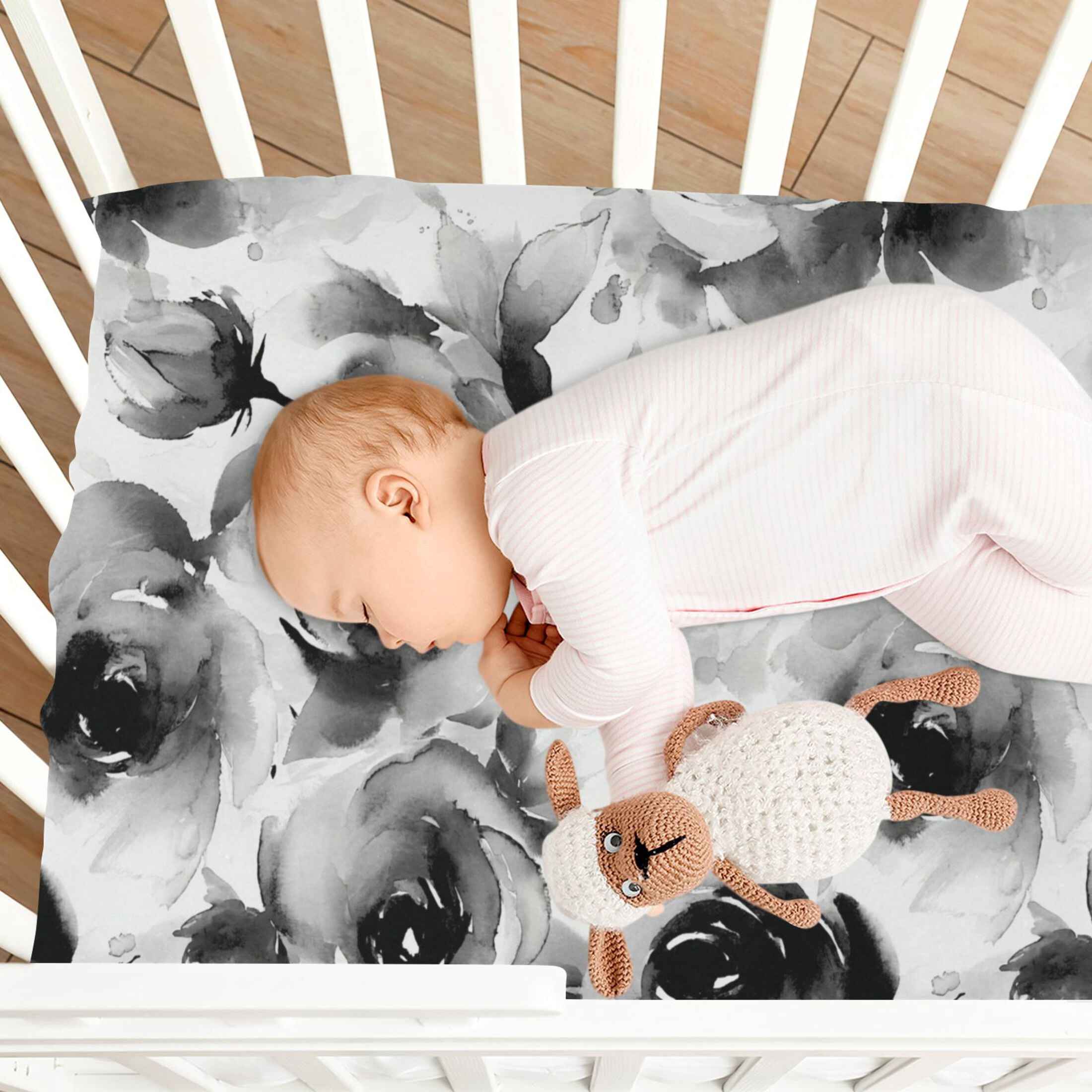 Baby Essentials 52”x 28”- Standard Cotton-like Modal Elastic- Ink Rose Design Crib Sheets for Newborns and Toddlers