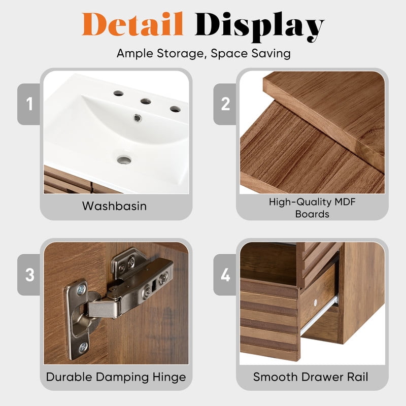 Gianna 24" Modern Bathroom Vanity with Ceramic Basin, Undermount Vanity Sink Cabinet with 2 Doors and 1 Drawer, Free Standing Bathroom Storage Cabinet with Sink Combo Set, Rustic