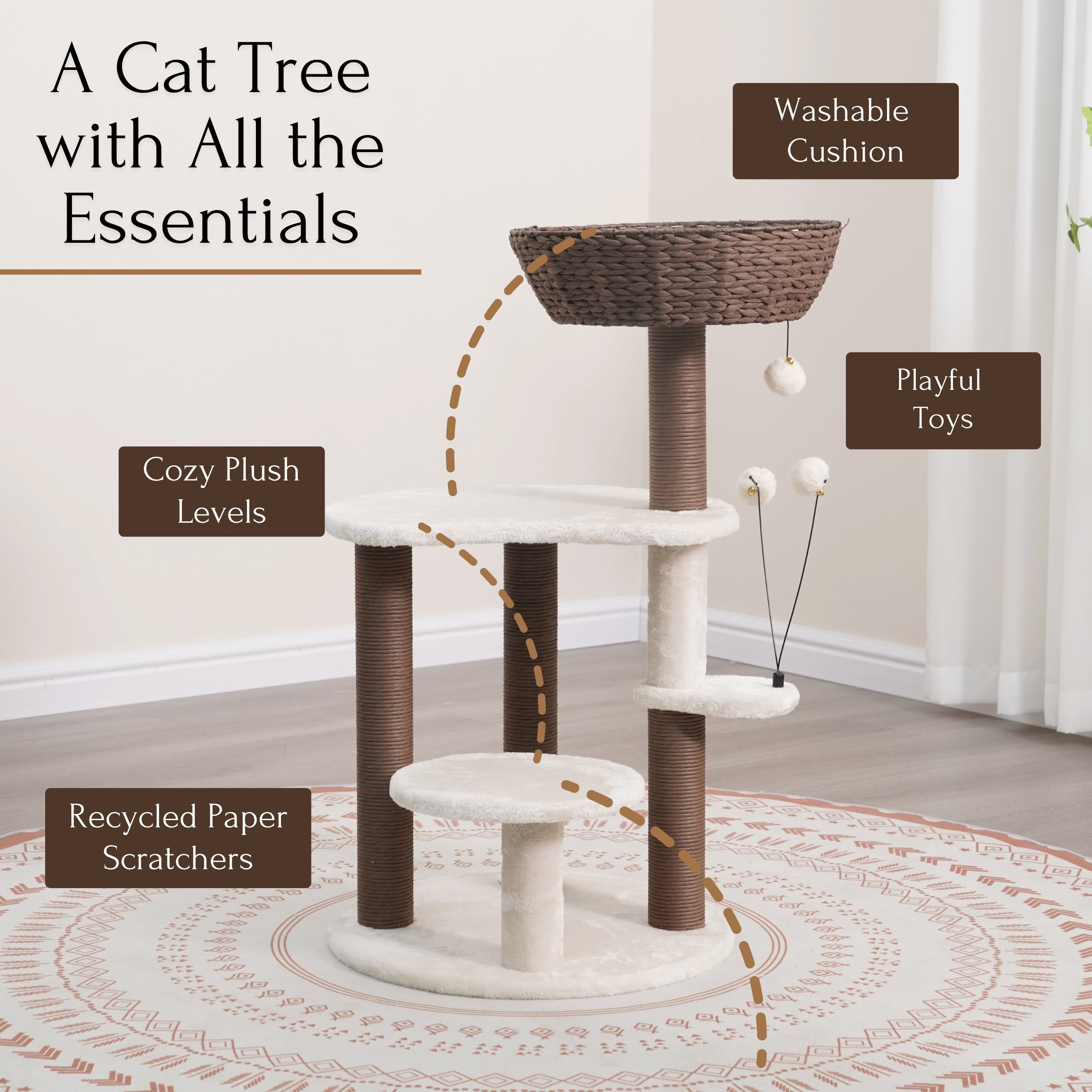 PetPals 35"H 5-Lvl Cat Tree with Handwoven Nest Bed Plush Pads and Paper Rope Scratching Posts
