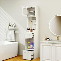 Narrow Tall Kitchen Pantry Cabinet with Doors & Countertop, White Slim Pantry Cabinet with Drawers & Open Shelfs, Freestanding Kitchen Storage Cabinets for Small Space Dining Room