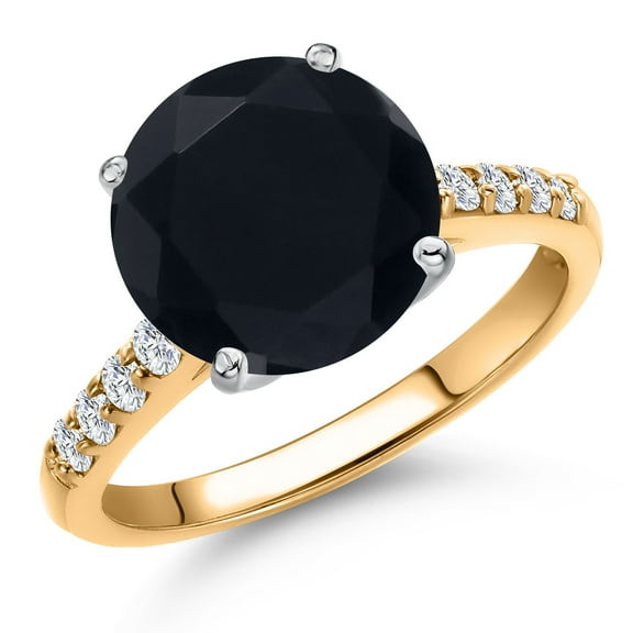 Gem Stone King 10K Two Tone Gold Black Onyx and Lab Grown Diamond Engagement Ring for Women | 3.20 Cttw | Round 10MM | Gemstone December Birthstone | Size 7