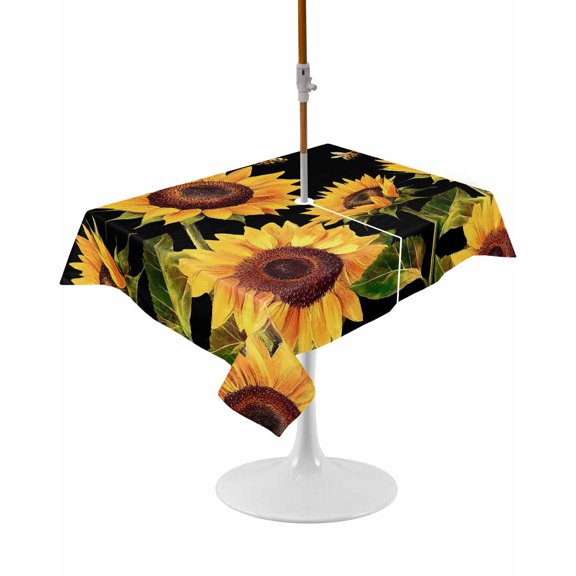 Outdoor Table Cloth with Umbrella Hole and Zipper, Sunflower Waterproof Rectangle Tablecloth 60"x102", Summer Bee Botanical Floral Black Washable Table Cover for Outside Party Patio Picnic