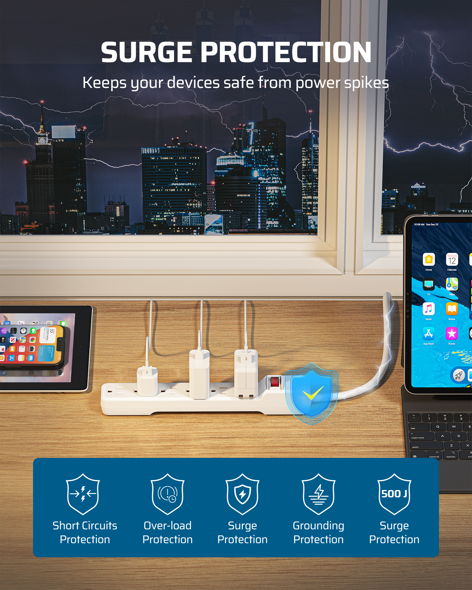 DEWENWILS 6-Outlet Surge Protector, 15 ft, White photo 3