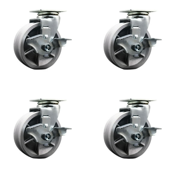5 Inch V-Groove Semi Steel Swivel Caster Set with Ball Bearings and Brakes SCC