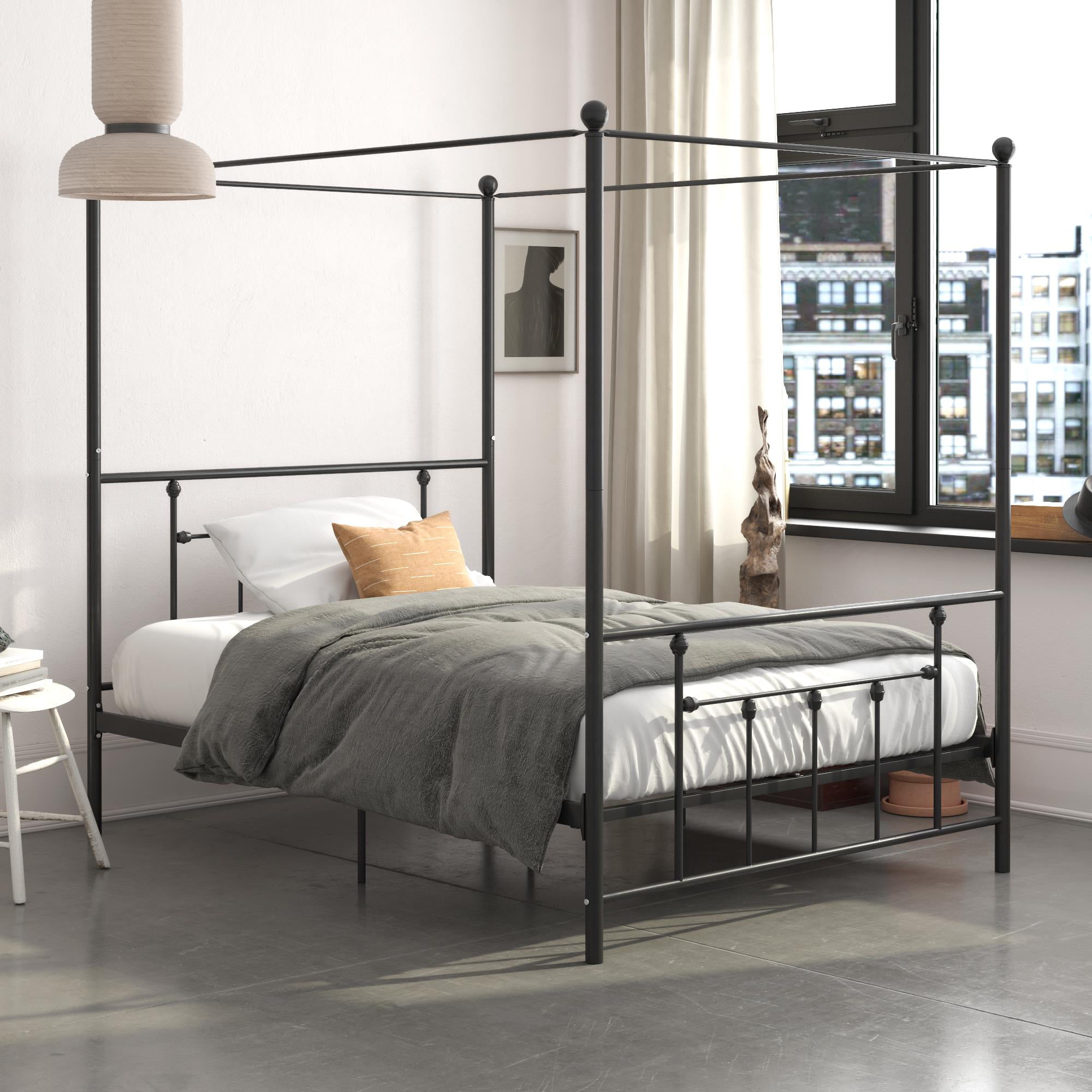 Queen Size Gray Grey Metal Canopy Bed Frame Headboard Modern Bedroom Furniture 