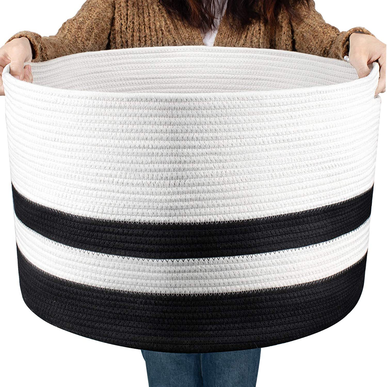 A*Homeist Extra Large Cotton Rope Basket 21.7"x 13.8" Blanket Basket Woven Baby Laundry Baskets Toys Storage Basket with Handle - Black & White