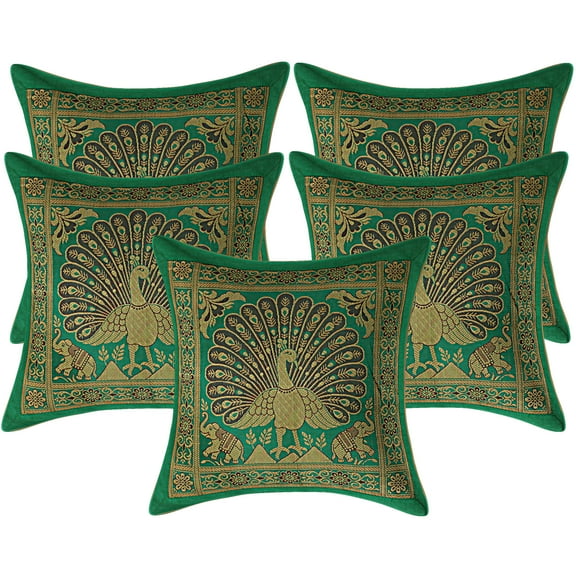 Stylo Culture Ethnic Boho Brocade Emerald Green And Gold Throw Pillow Covers 12x12 Jacquard Weave Sofa Floral Throw Pillow Covers Dancing Peacock Floral 30x30 cm Decorative Cushion Covers (Set Of 5)