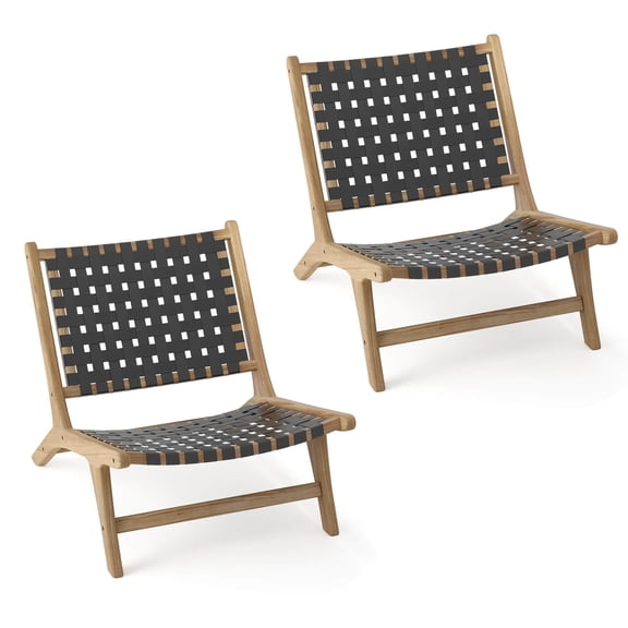 Gymax Set Of 2 Teak Wood Lounge Chair w/ Nylon Woven Backrest & Seat Comfy Reading Chair Black