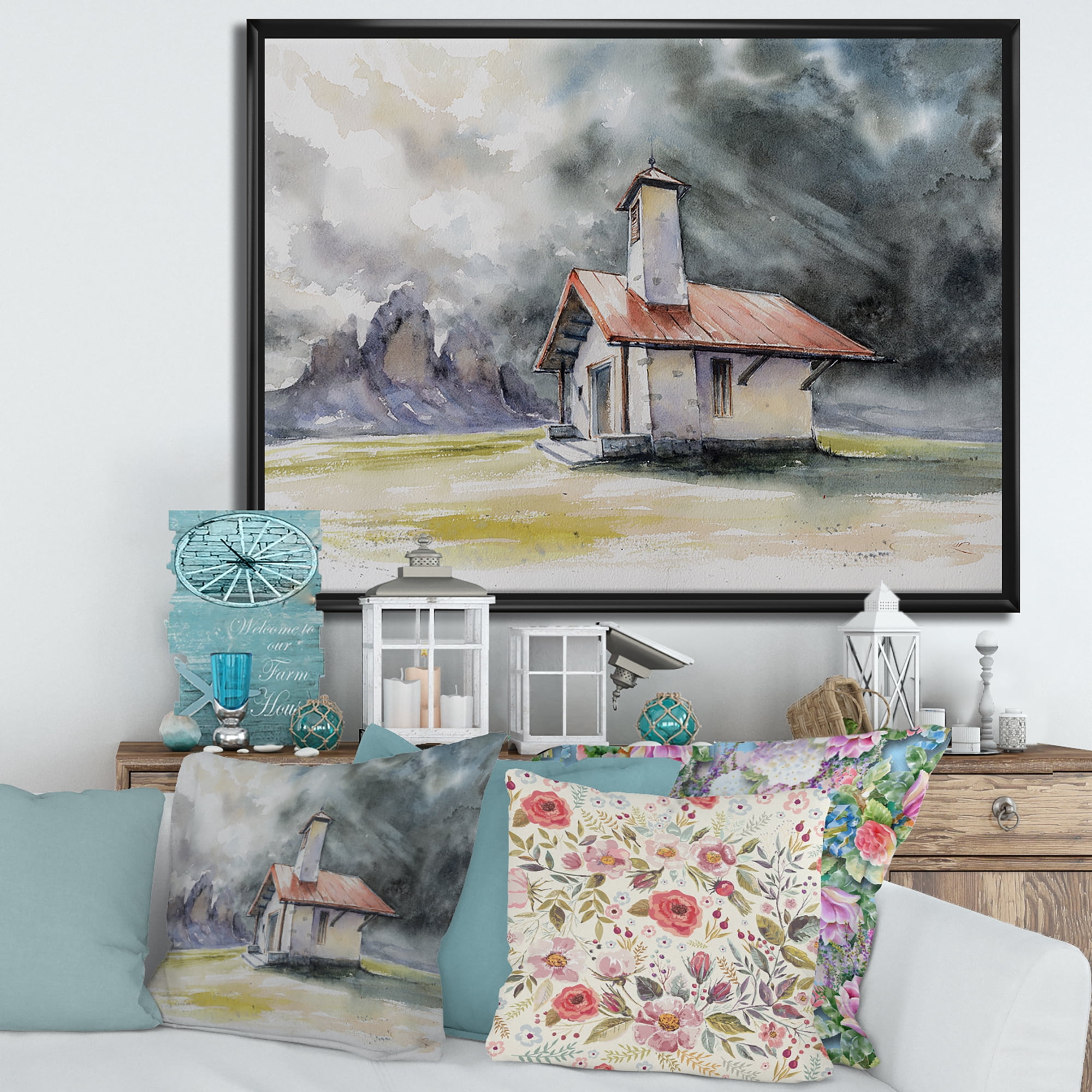 Designart 'Storm On A Rustic House On Mountain Top ' Country Framed Canvas Wall Art Print