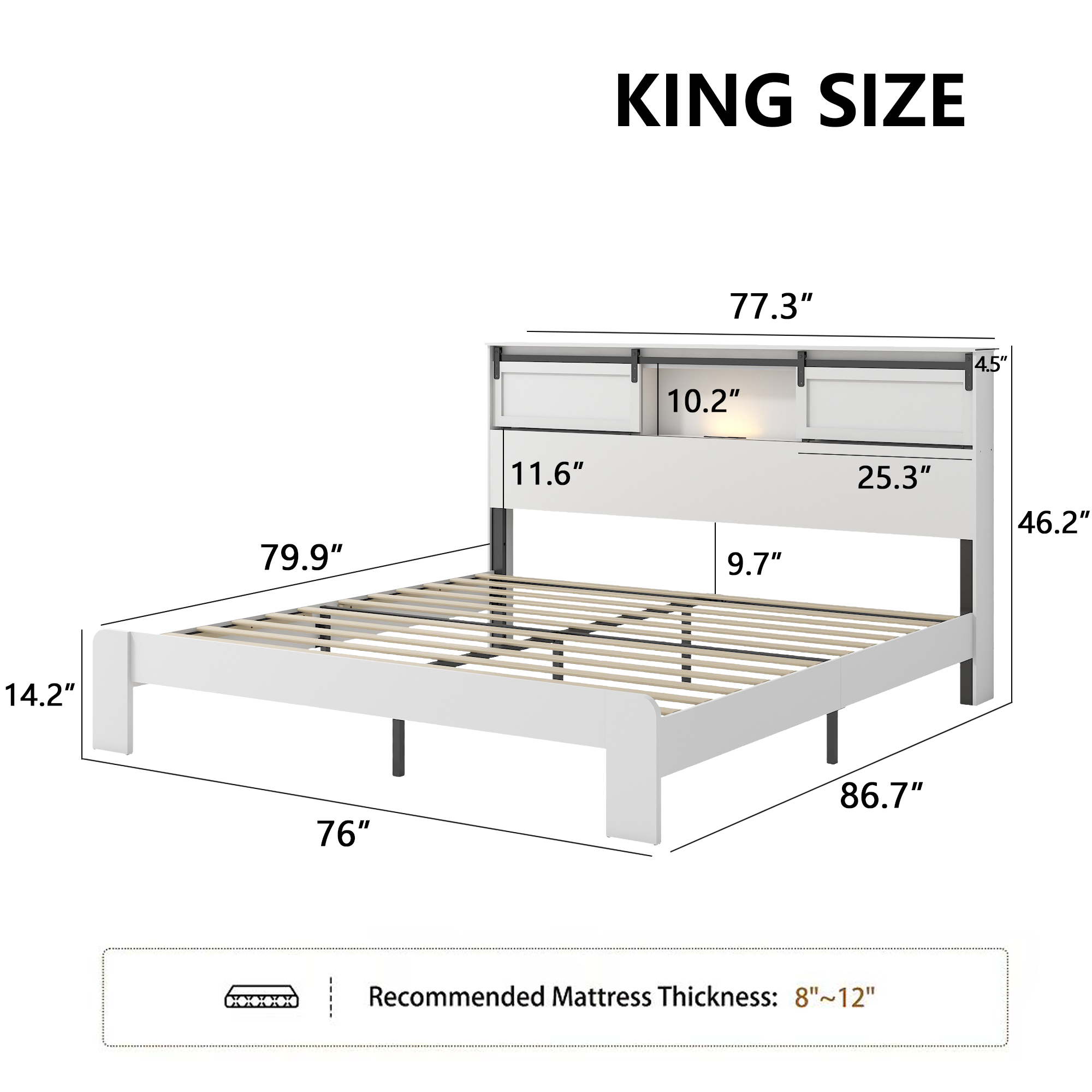 Yoneston King Size Bed with Wooden Slide Door Storage Headboard, Farmhouse Platform Bed Frame with Charging Station & LED, No Box Spring Needed, White