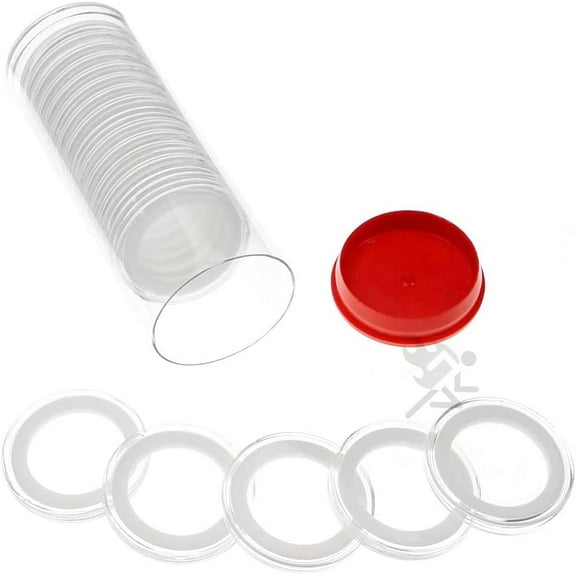 OnFireGuy 20 30mm White Ring US Half Dollar 1oz Gold Maple Leaf Coin Holders & Capsule Storage Tube (Red Lid & White Ring Holders)