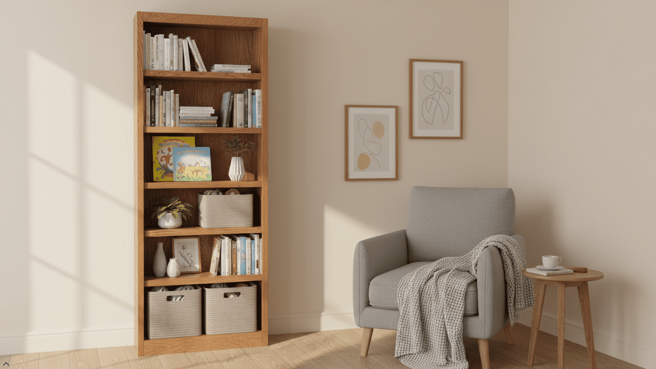 Bowery Hill Traditional 84" Tall 6-Shelf Wood Bookcase in Dry Oak