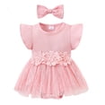 thumbnail image 2 of Infant Ribbed Romper Dress with Skirt 3D Floral Waist Detail Short Flutter Sleeves Cute Summer Outfit Pink 0-3 Months, 2 of 8