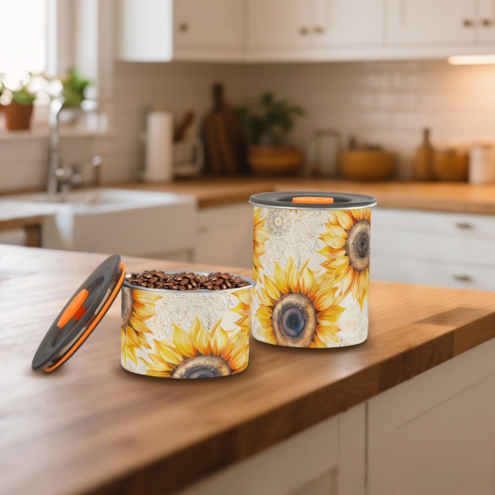 Sunflower Mandala Airtight Coffee Bean Canister 30oz Food Storage Containers with Lids For Gournd, Tea, Sugar, Flour, Rice, Cereal, Candy Cookie Jar