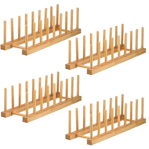 Lawei 4 Pack Bamboo Dish Drying Rack, Plate Rack Stand Pot Lid Holder, Dish Organizer Rack for Plates, Cups, Bowls, Dish, Cutting Board, Drying Rack