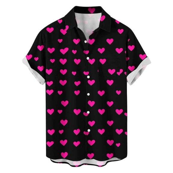 Rvwovn Men's Valentine's Day Shirt - Love Heart Print Button Down Holiday Casual Top