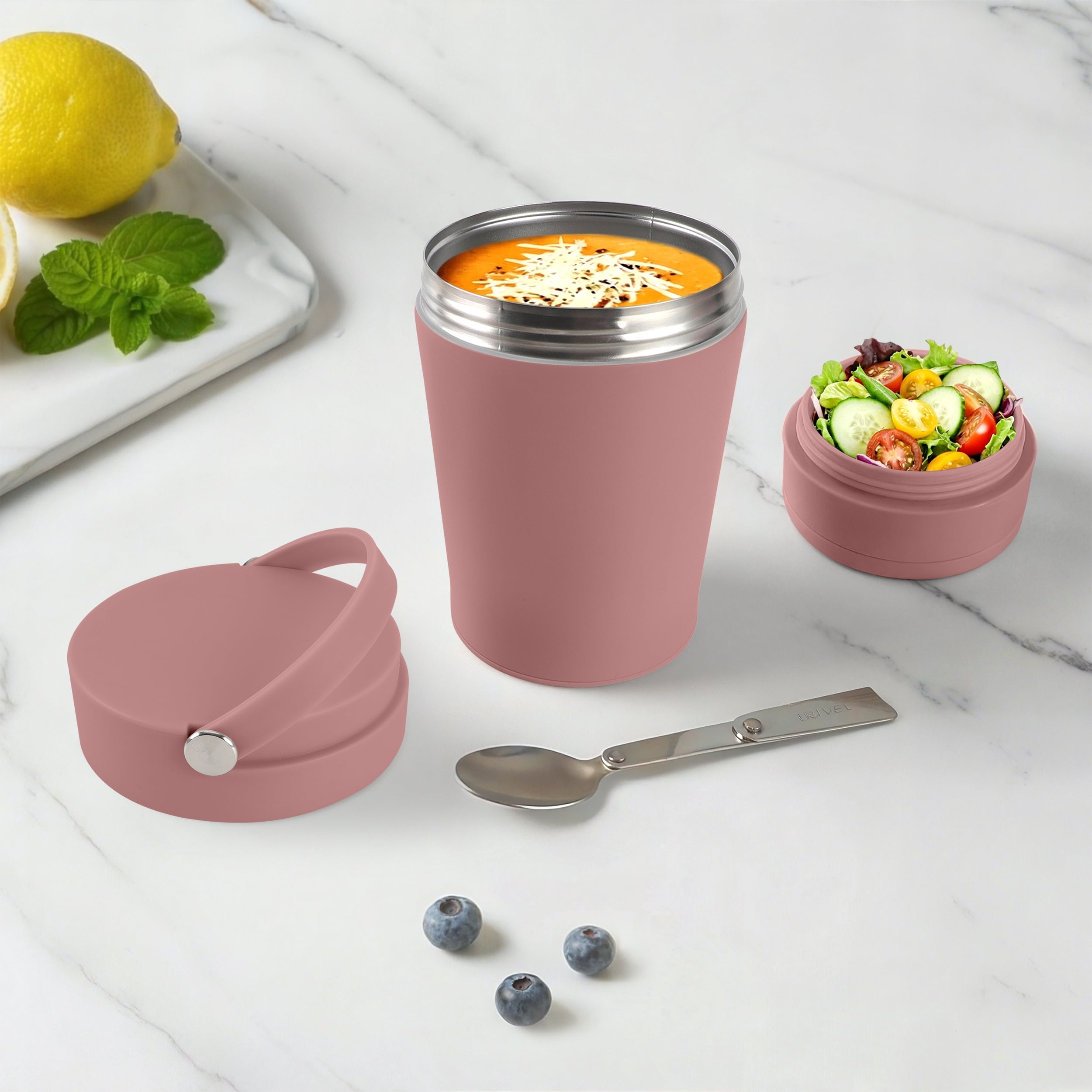 Cook with Color Insulated Ice Cream or Soup Container with Toppings Compartment and Spoon, Pink