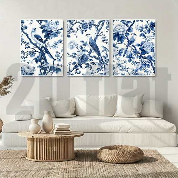 3pcs, Blue and White Porcelain Style Magpie Decorative Paintings, Frameless, Classic Retro Wall Art, Suitable for Living Room, Bedroom, Kitchen Decoration, Creative Art Wall Painting, Home Decoratio