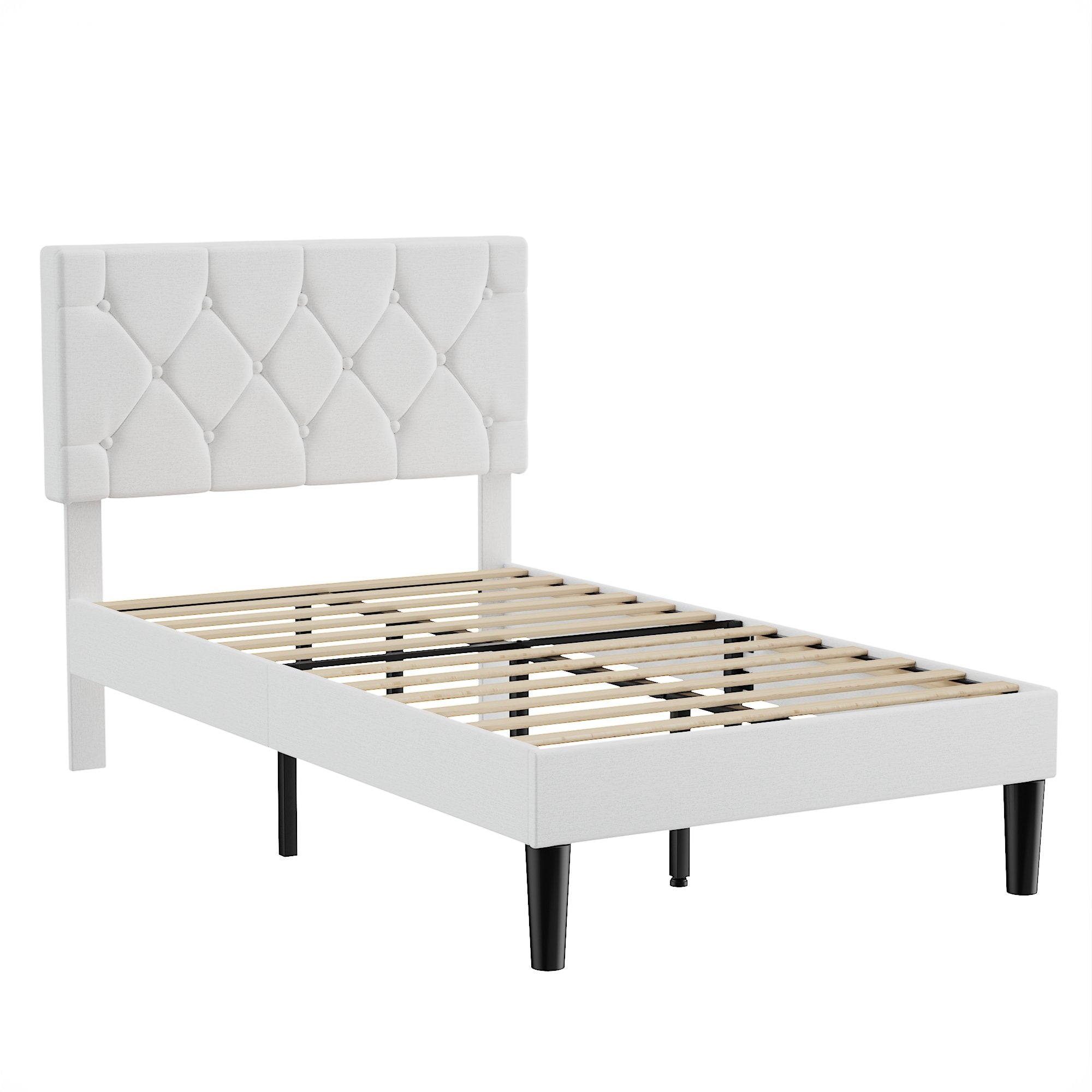 VECELO Twin Size Platform Bed Frame Upholstered Beds with Height-Adjustable Linen Button Tufted Headboard, Bed Frame, White