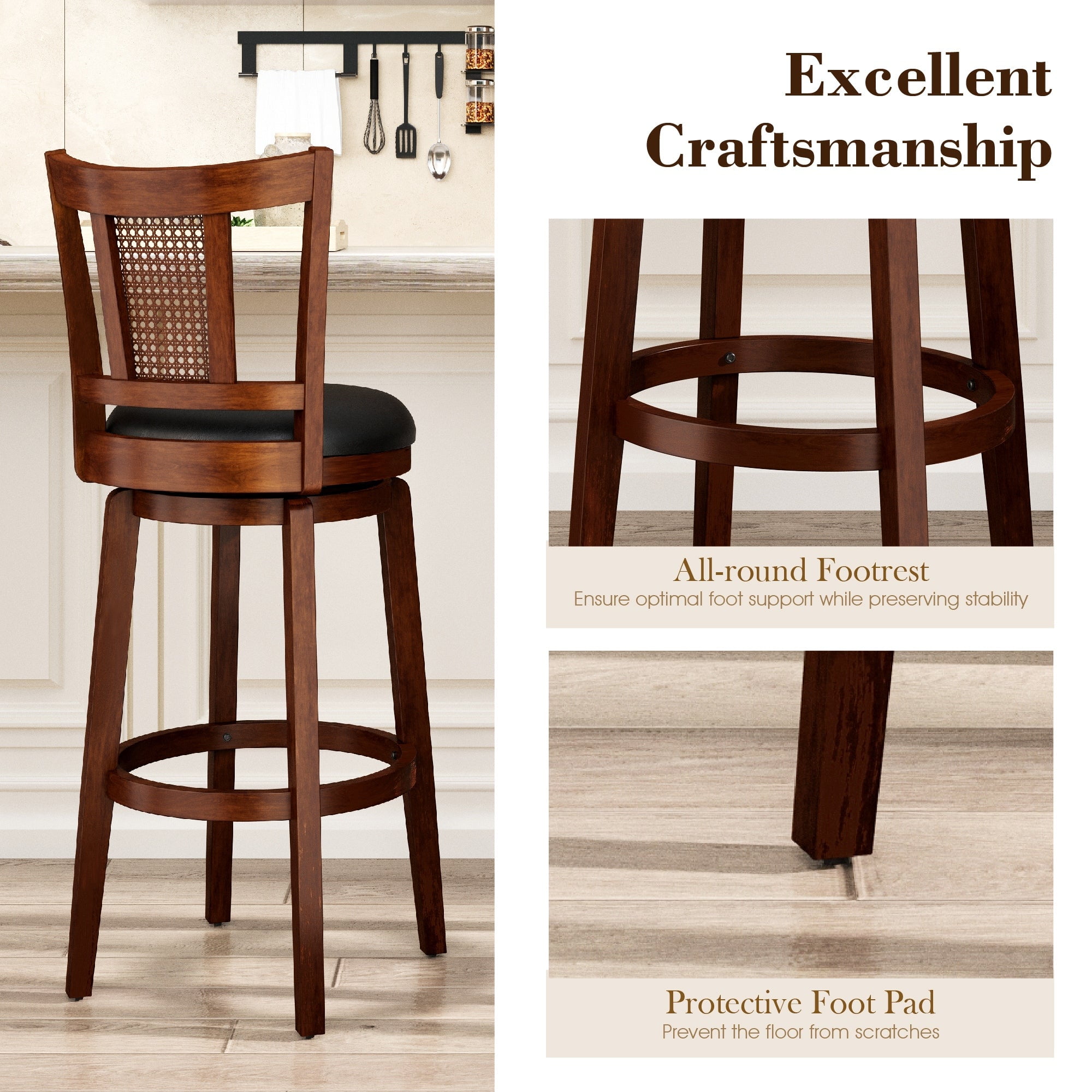 SUMMIT LIVING Wood Swivel Bar Stool Set of 2, Bar Height Kitchen Stool with Back, 30 inch Upholstered Pub Chair, Dark Brown