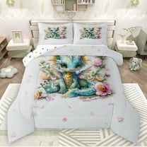 Manfei Kawaii Dragon Bedding Comforter Set,Cute Wild Animal Twin Comforter Sets,Colorful Floral Blossom Bedding Set For Boys Teens,Ultra Soft Home Decor Reversible,2-Piece