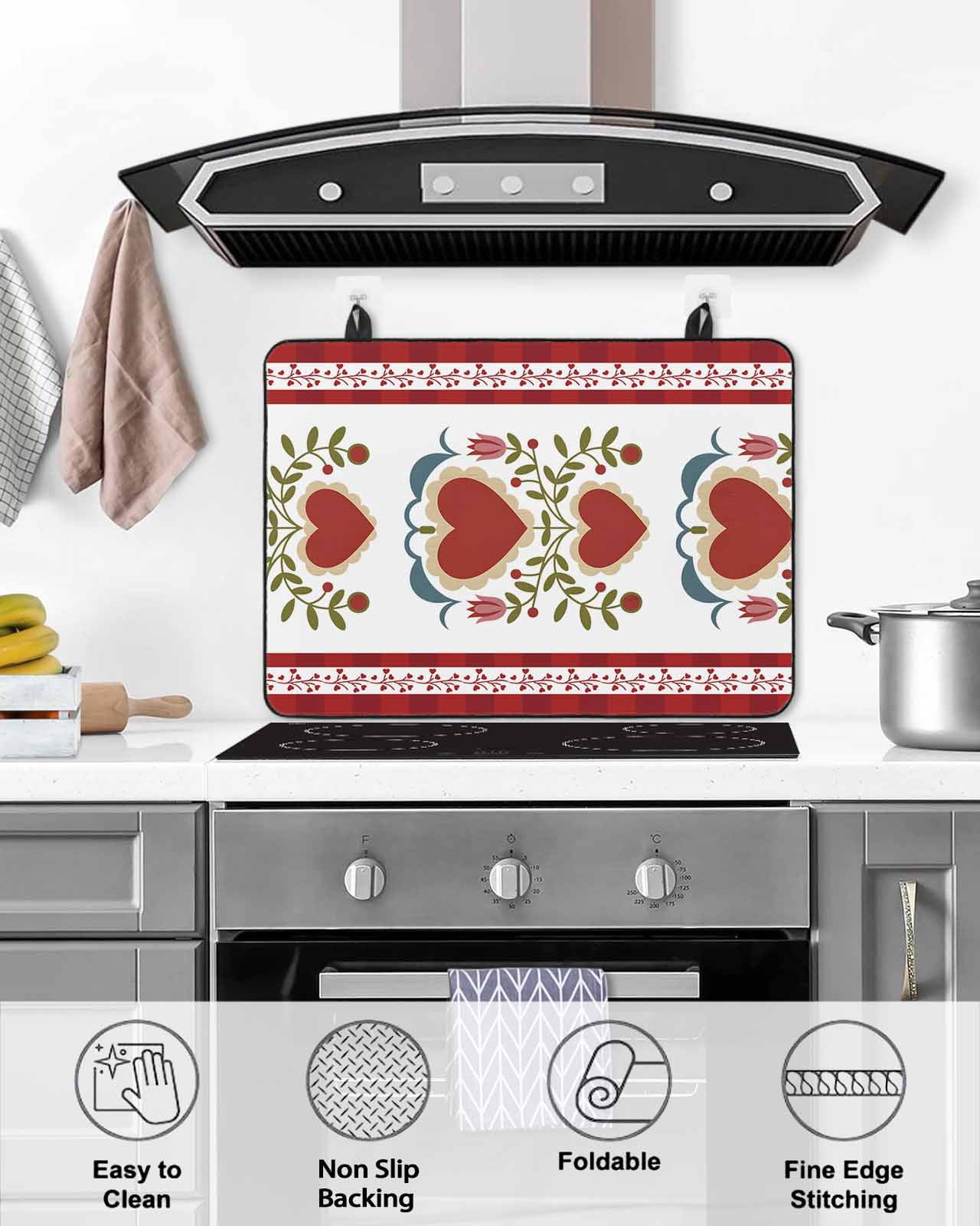 Large Induction Cooktop Protector Mat Red Love Stove Top Covers for Electric Stove, Valentine's Day Heart Leaves Floral Plants Decorative Stove Burner Cover Mats, Glass Top Stove Cover