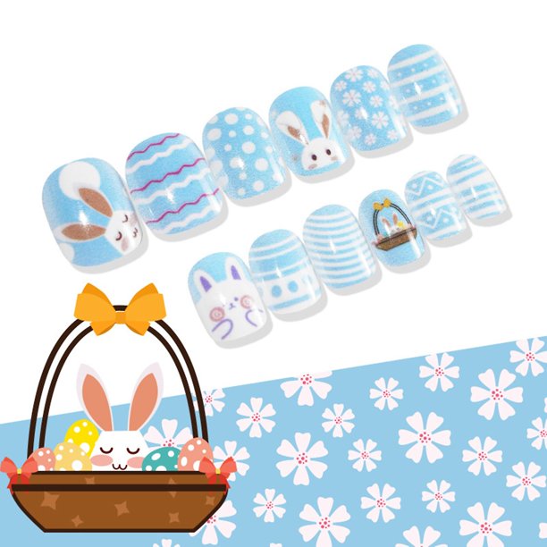 22 Prensa de conejo en uñas para niños, envolturas de uñas de Pascua autoadhesivas, cubierta completa