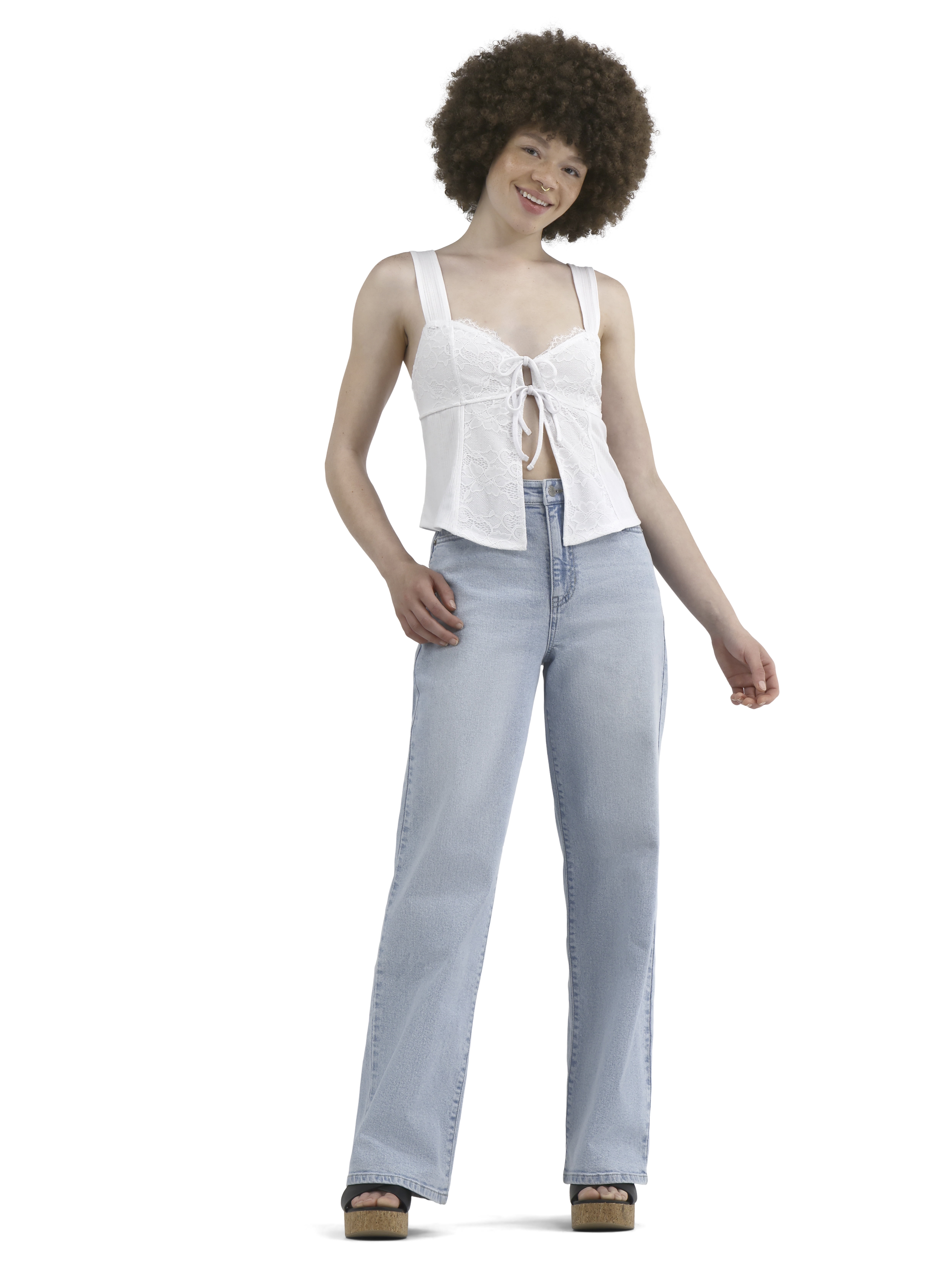 No Boundaries Flyaway Tie-Front Top with Scallop Lace Trim, Women's