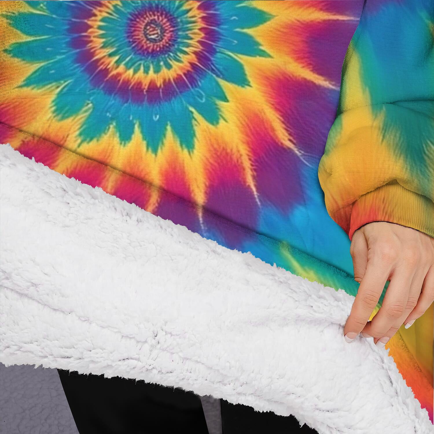 Oversized Wearable Blanket Hoodie,Colorful Tie Dye Mandala Pattern Sherpa Blanket Hoodie with Super Pockets,Super Warm Fuzzy Pullover for Women & Men