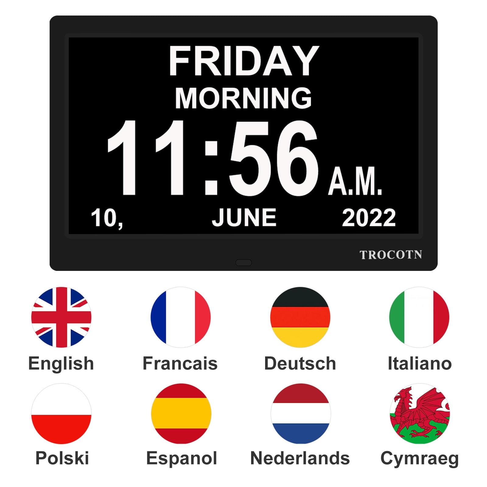 TROCOTN 10 Inchs Digital Clock Calendar Clock Large Display Alarm Clock Wall Clock (Black)
