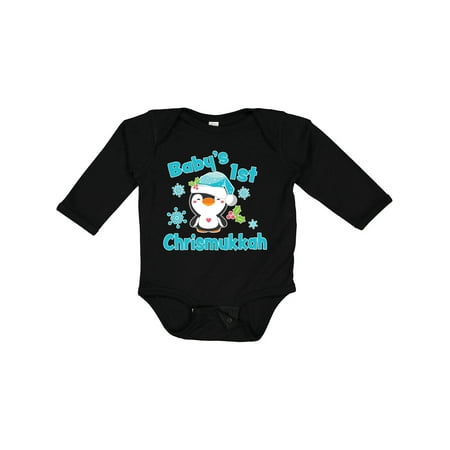 

Inktastic Baby s 1st Chrismukkah with Cute Baby Penguin and Snowflakes Gift Baby Boy or Baby Girl Long Sleeve Bodysuit