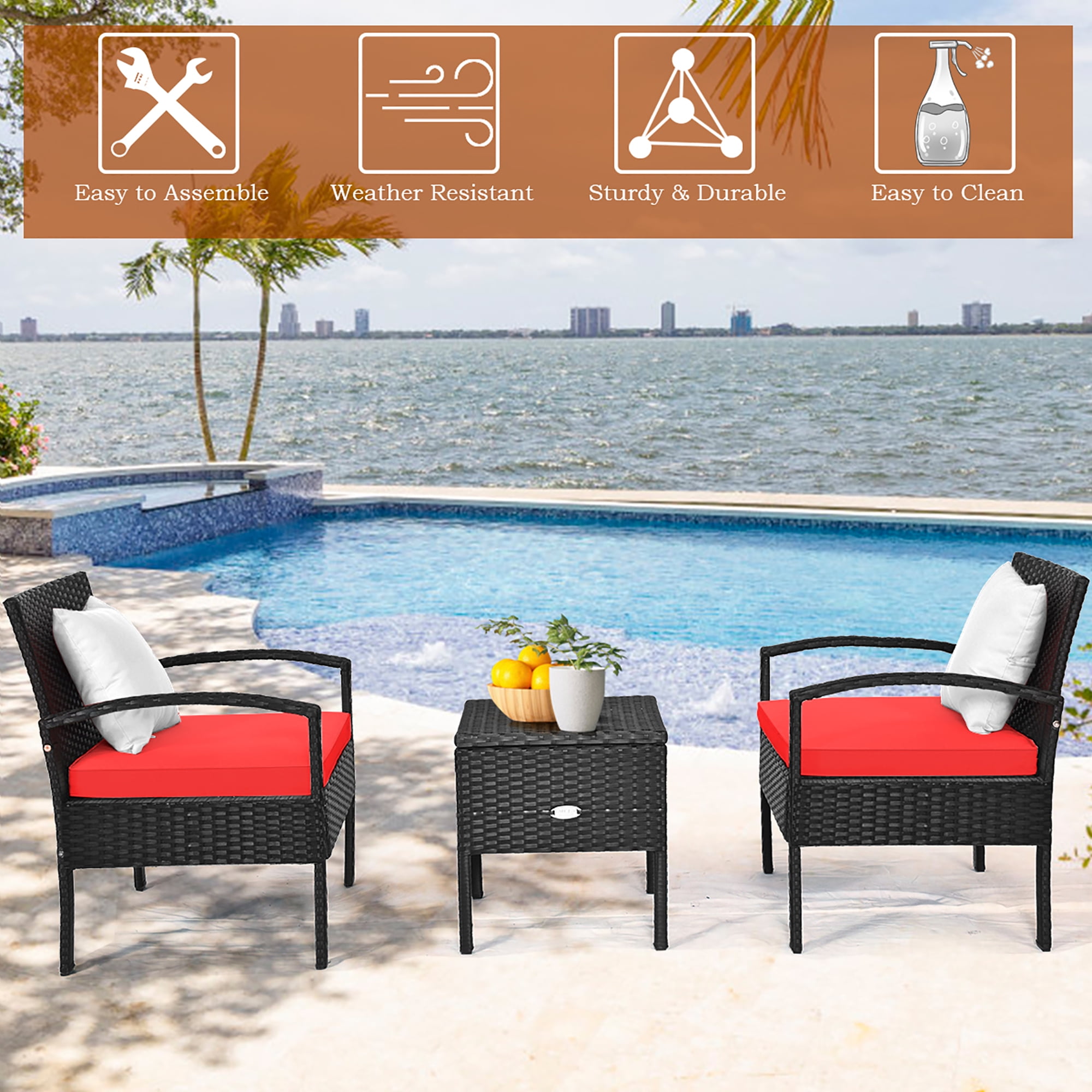 Costway 3PCS Patio Rattan Furniture Set Storage Table Cushioned Sofa Deck Red