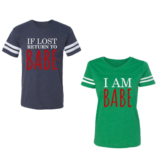 IF Lost Return To Babe I am Babe Unisex Couple Matching Cotton Jersey style T-Shirt Contrasting stripes on sleeves (Men Navy / Women Green) (Men L / Women S)