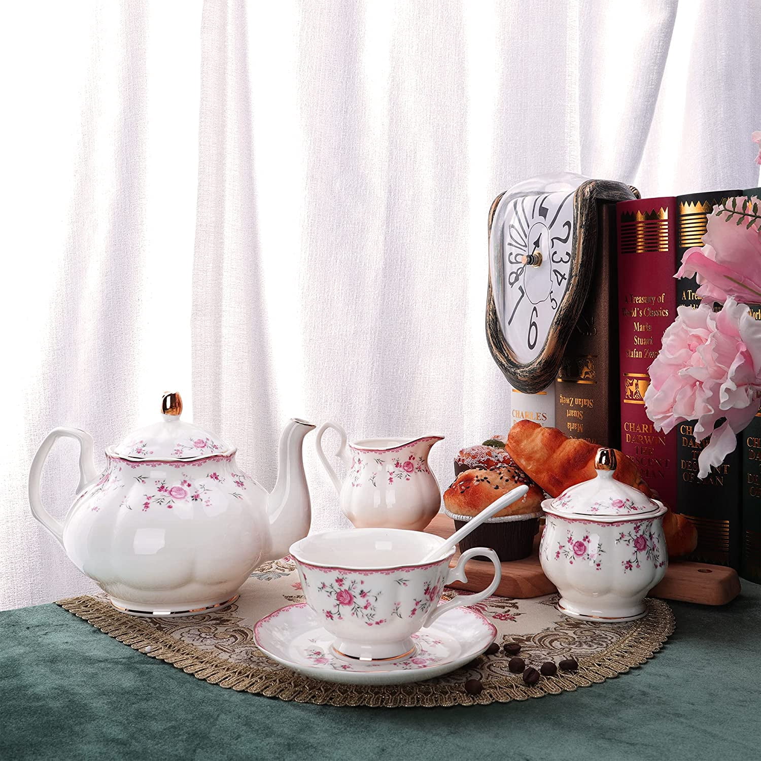 White Porcelain Tea Set With Pearl Handles - Includes Teapot, 6 Cups & Saucers, Serving Plate, Vintage Style