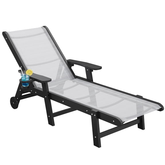 Nalone Outdoor Chaise Lounge Chair with Textilene Surface, 5-Position Adjustable Pool Lounge Chair with Wheels & Cup Holder, HDPE Patio Lounge Chair for Outside, Poolside & Beach (Black White)