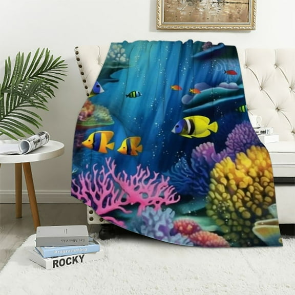 Fenyluxe Ocean Sea Fish Soft Throw Blanket All Season Warm Blankets Lightweight Tufted Fuzzy Flannel Throws Blanket for Bed Sofa Couch 40x50in