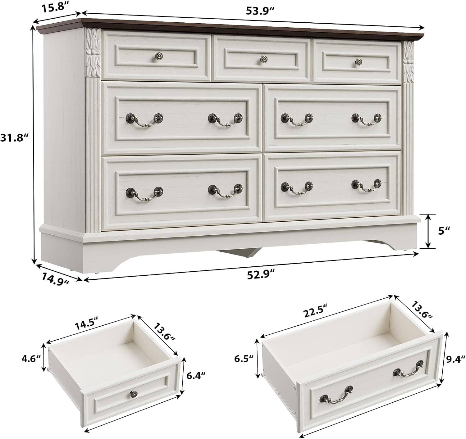 BOSHIRO 7-Drawer Dresser for Bedroom, Farmhouse Carved Wide Storage Chest Organizer with Brown Top, Antique White Finish