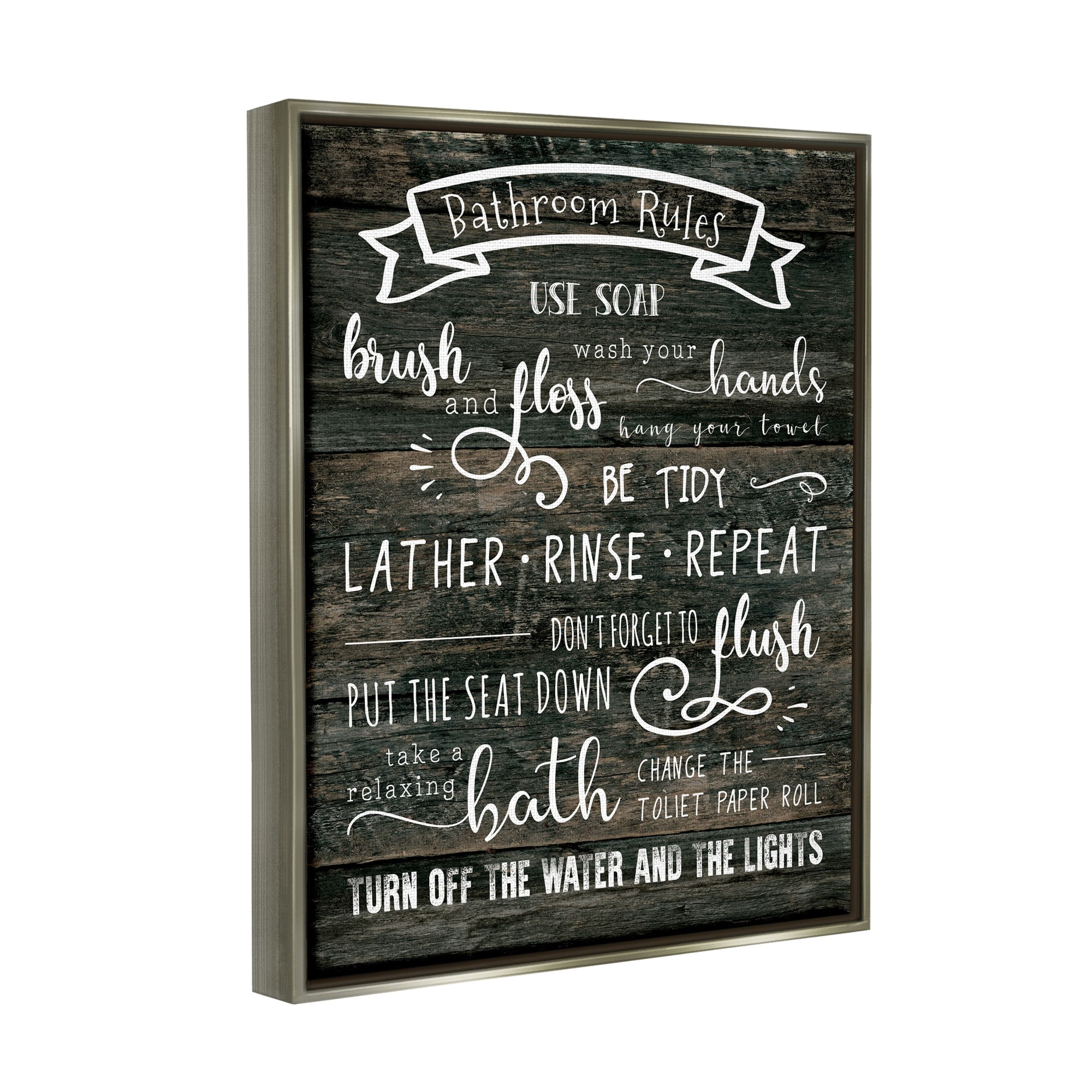 Stupell Industries Rustic Bathroom Rules Sign Good Hygiene List Luster Gray Framed Floating Canvas Wall Art, 24x30, by CAD