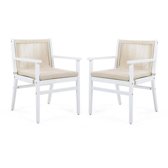 JERFIT Outdoor Patio Chairs Set of 2, Acacia Wood Armchairs with Beige Waterproof Cushions & Rope Woven Back, Modern White Frame Garden Dining Seating