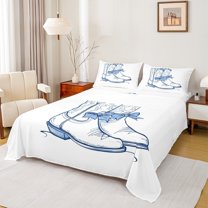 Manfe Cowgirl Cowboy Boot Child Queen Sheet Sets, White Blue Cartoon Flat Sheet, Kawaii Princess Ribbon Bow Queen Fitted Sheet, Lightweight Room Decor, 4-Piece