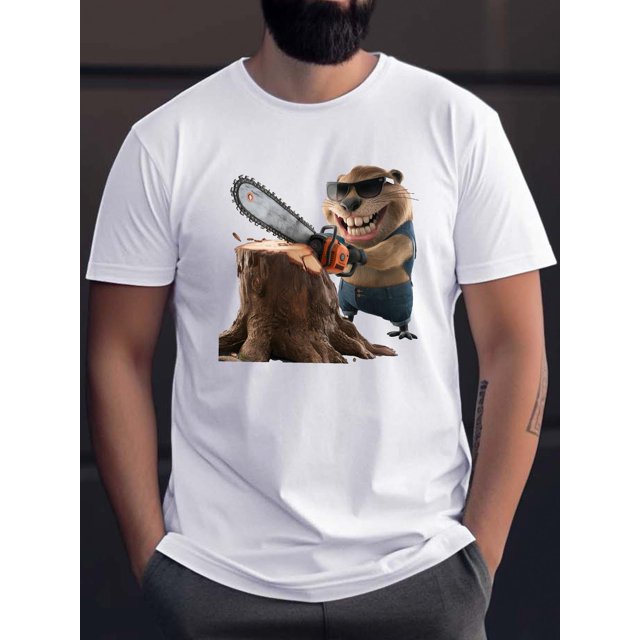 Men's Beaver Chainsaw Print T-Shirt, Casual Crew Neck Short Sleeve Tee, Regular Fit Top, Geometric Pattern, Slight Stretch