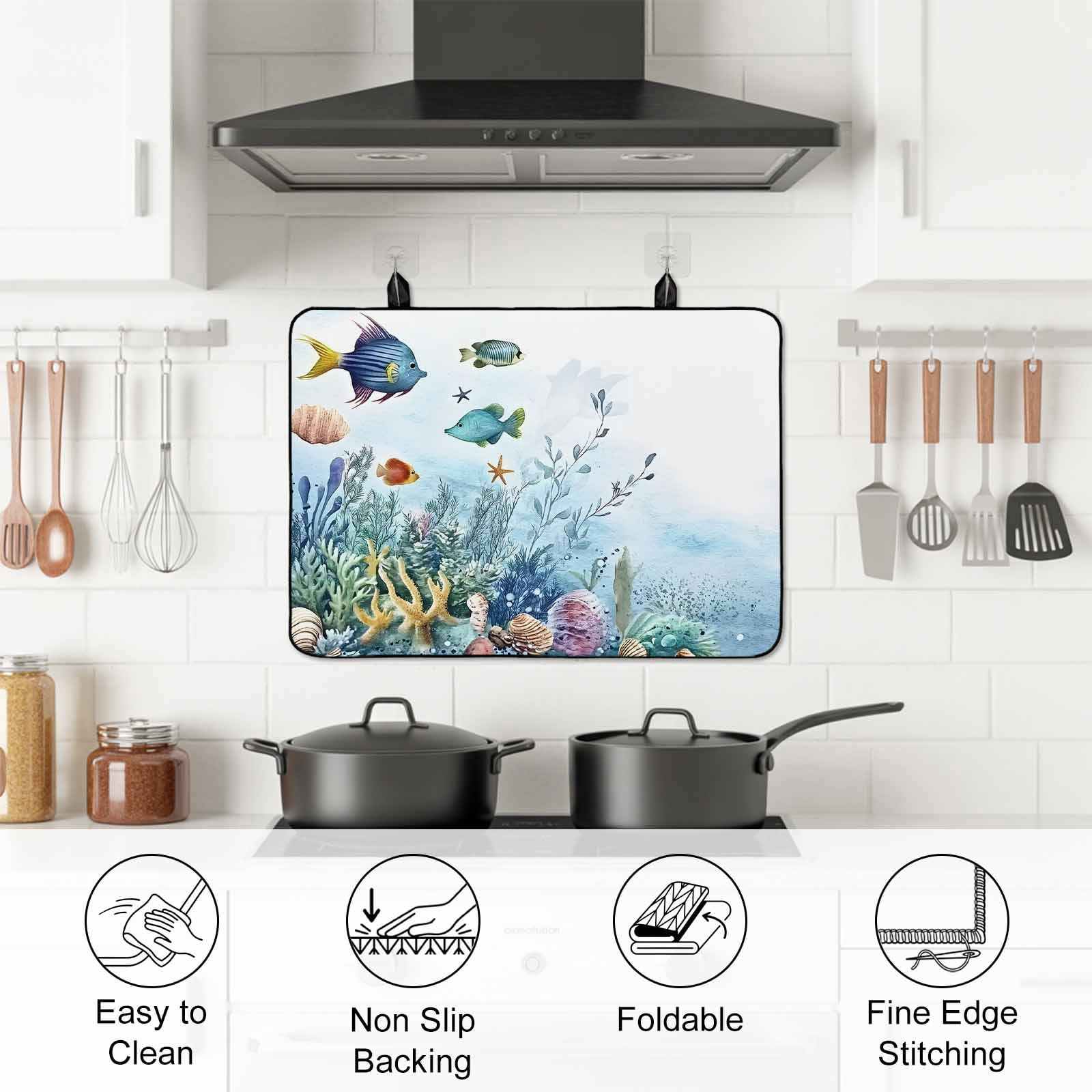 Ocean Coastal Stove Top Cover for Electric Stove, Heat-proof & Non Slip Glass Top Stove Cover Protector, Coral Fish Watercolor Shell Starfish Kitchen Flat Cooktop Rubber Mat 24x21 Inches