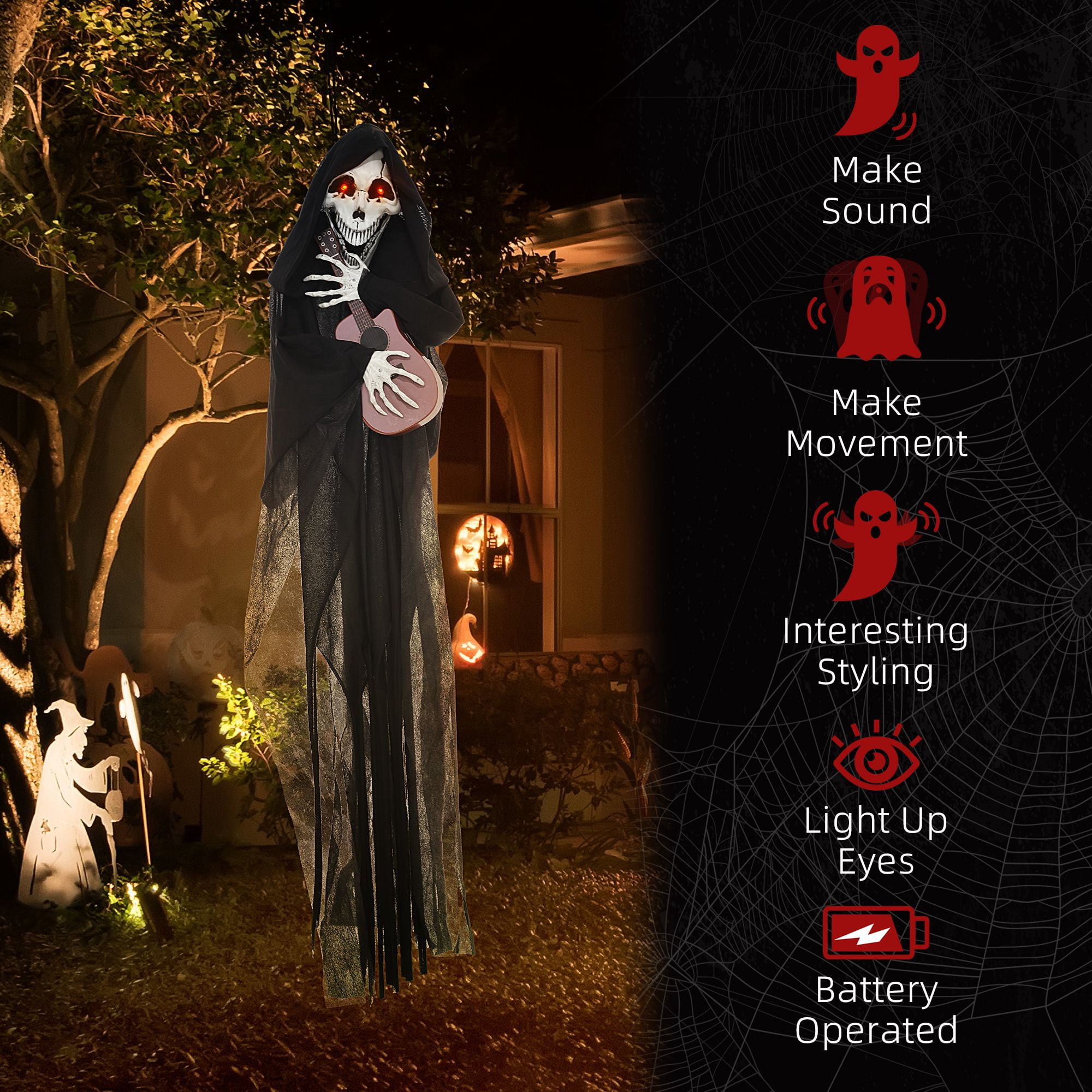 4.3FT Animated Halloween Grim Reaper Guitar Prop Sound & Motion Activated with Red Glowing Eyes