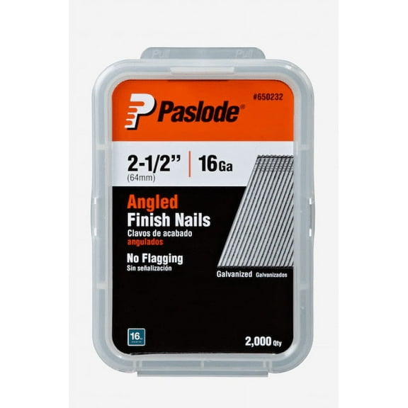 Paslode, Finishing Nail, 650232, 20 Degree Angled Galvanized, 16 Gauge, 2,000 per Box, 2 1/2 inch