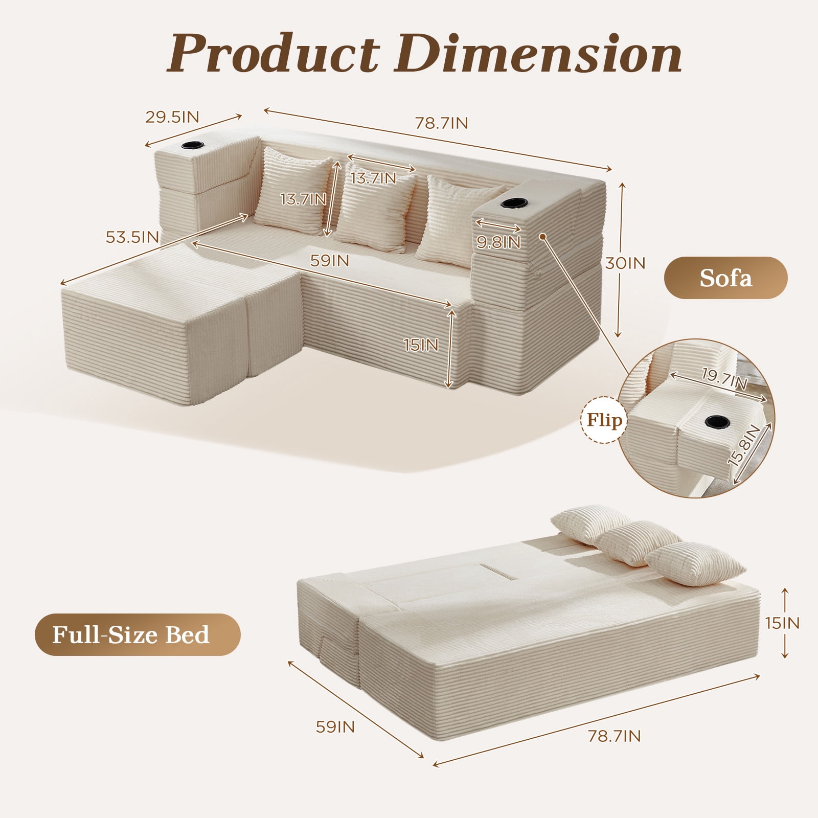 78.7'' Folding Sofa Bed with 2 Ottomans, 3-in-1 Convertible Foam Futon, Flip-Up Armrest with Cup Holder, Oeko-TEX Certified Corduroy, No Assembly Sleeper Couch for Small Space, Beige