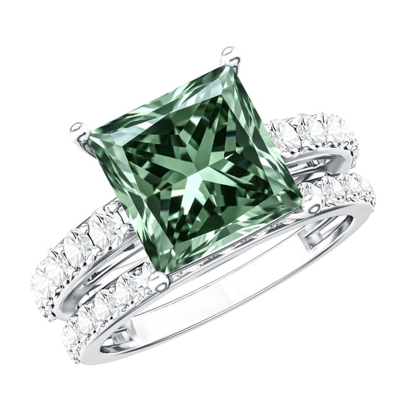 Rosec Jewels 2 Carat Lab Grown Green Diamond Engagement Ring with Band - IGI Certified Princess Cut Wedding Ring Set - VS1 Quality, 925 Sterling Silver, US 4.00