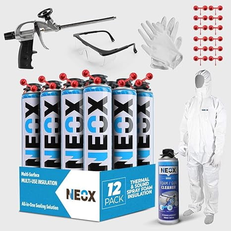 Neox Spray Foam Insulation Kit - Closed Cell, 12x 29.6 Oz Cans, Covers 240 Sq.Ft. - High-Density Polyurethane Foam with Gun, Cleaner, Gloves, Goggles, Body Suit - All-in-One Sealing Solution