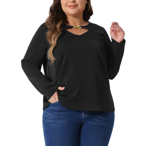 Unique Bargains Women' Plus V Neck Long Sleeve Cutout Front Basic Blouse 1X Black