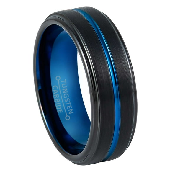 8mm Mens 2-Tone Tungsten Wedding Band, Blue Center Groove, Stepped Edge Promise Ring - TN930WAs10