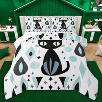 Homewish Cartoon Black Cats 3 Pieces Queen Comforter Set for Kids Teens,Kawaii Animal Ultra Soft Bedding Sets,Abstract Geometric Bedding Comforter Set Breathable,Super Cozy Room Decor,Reversible
